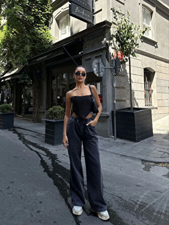 Kadın Arkadan Yırtmaçlı Jeans Kot Palazzo Pantolon - Siyah