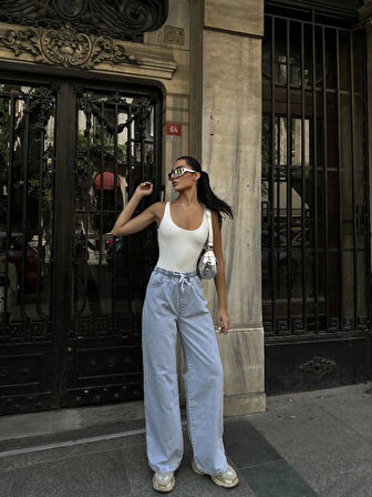 Kadın Arkadan Yırtmaçlı Jeans Kot Palazzo Pantolon - Mavi