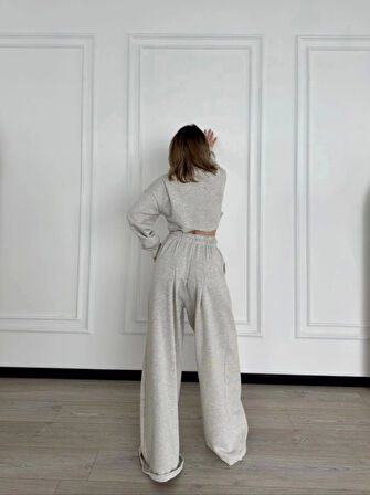 Uzun Kollu Önü İp Büzgülü Crop ve Pantolon İkili Takım - Gri