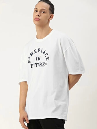 Erkek Baskılı Oversize T-shirt - Beyaz