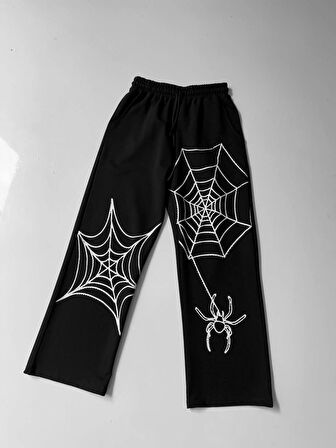 İki İplik Kumaş Örümcek Baskılı Esofman - Siyah