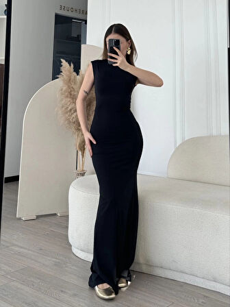 Kolsuz Uzun Likralı Elbise - Siyah