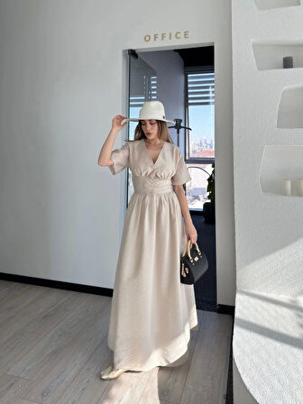 Kısa Kollu Uzun Elbise - Kırık Beyaz