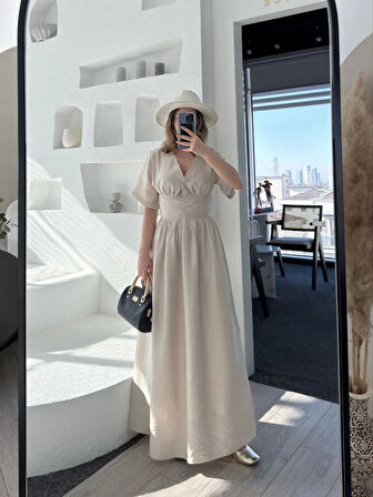 Kısa Kollu Uzun Elbise - Kırık Beyaz