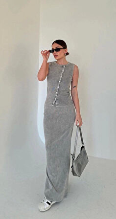 Uzun Etekli Önü Düğmeli Badi İkili Takım- Gri