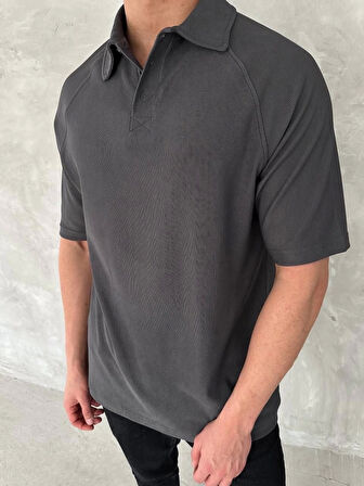 Yakalı Patlı Kısa Kol T-shirt - Antrasit