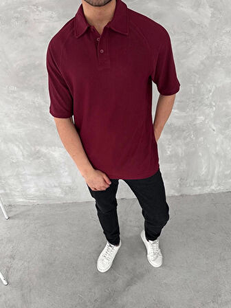 Yakalı Patlı Kısa Kol T-shirt - Bordo