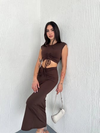 Osy Modal Yumuşak Dokulu Kumaş Büzgülü Crop Etek Takım -Kahverengi