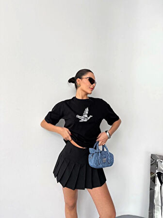 Kısa Kol Baskılı T-shirt - Siyah