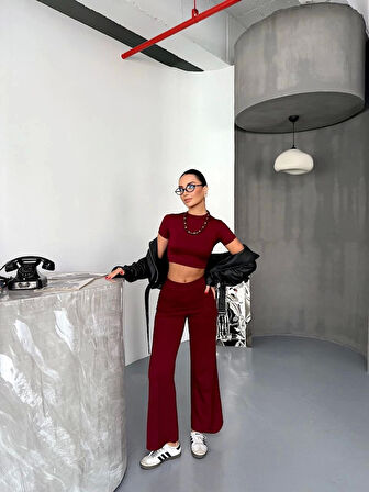 Osy Modal Yumuşak Dokulu Kumaş Kısa Kollu Crop Alt ispanyol Paça Pantalon ikili Takım - Bordo