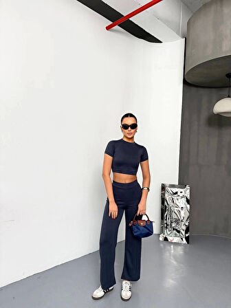 Osy Modal Yumuşak Dokulu Kumaş Kısa Kollu Crop Alt ispanyol Paça Pantalon ikili Takım - Füme