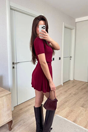Kısa Kollu Bluz Mini Etekli ikili Takım Triko - Bordo