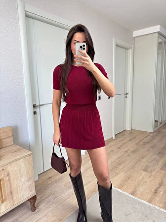 Kısa Kollu Bluz Mini Etekli ikili Takım Triko - Bordo