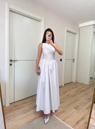 Sifir Kol Beli Oturtmalı Kolsuz Uzun Elbise - Beyaz