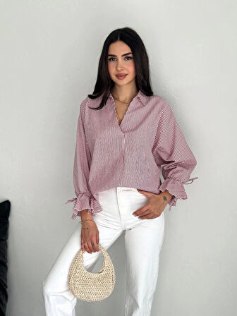 Kadın Arkası Asimetrik Yırtmaç Kesim Detaylı Cizgili Bluz Gömlek - Bordo