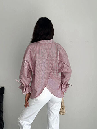 Kadın Arkası Asimetrik Yırtmaç Kesim Detaylı Cizgili Bluz Gömlek - Bordo