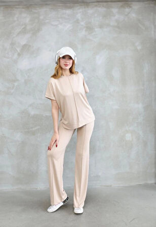 Osy Modal Yumuşak dokulu Kumaş Bisiklet Yaka Kısa Kollu Takım - Bej