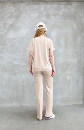 Osy Modal Yumuşak dokulu Kumaş Bisiklet Yaka Kısa Kollu Takım - Bej