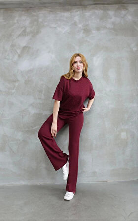 Osy Modal Yumuşak dokulu Kumaş Bisiklet Yaka Taş detaylı Kısa Kollu Takım - Bordo