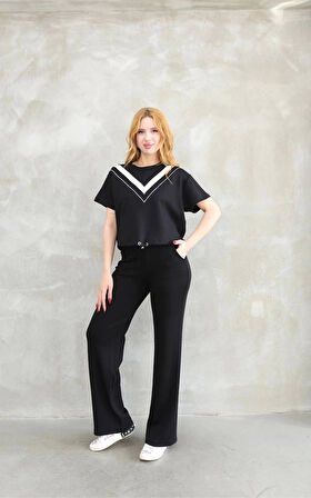 Osy Modal Yumuşak dokulu Kumaş Bisiklet Yaka Parçalı detaylı Kısa Kollu Takım - Siyah