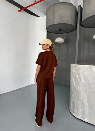 Osy Modal Yumuşak Dokulu Kumaş Kısa Kollu Bluz Rahat Pantalon ikili Takım- Kahverengi