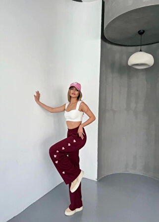 Osy Modal Yumuşak Dokulu Kumaş Nakış işlemeli Rahat Bol Paça Eşofman Pantalon - Bordo