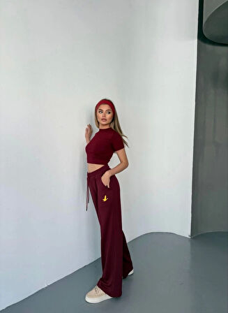 Osy Modal Yumuşak Dokulu Kumaş Nakış işlemeli Rahat Bol Paça Eşofman Pantalon - Bordo