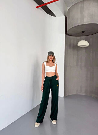 Osy Modal Yumuşak Dokulu Kumaş Nakış işlemeli Rahat Bol Paça Eşofman Pantalon - Yeşil
