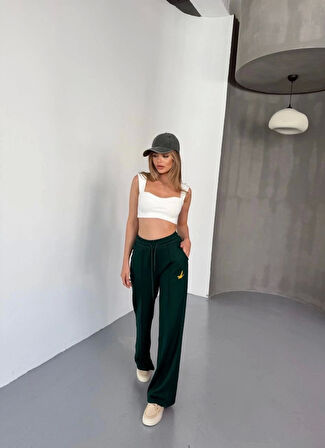 Osy Modal Yumuşak Dokulu Kumaş Nakış işlemeli Rahat Bol Paça Eşofman Pantalon - Yeşil