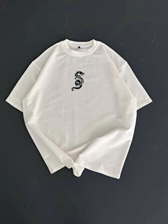 Baskılı Oversize Bisiklet Yaka T-shirt - Beyaz