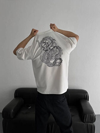 Baskılı Oversize Bisiklet Yaka T-shirt - Beyaz