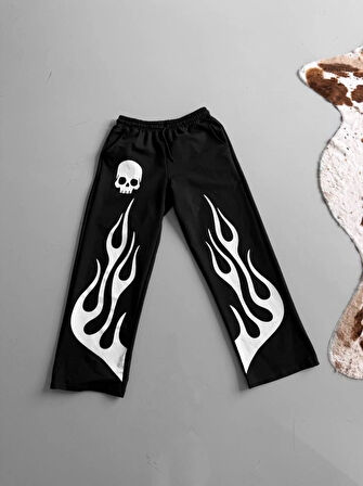İki İplik Kumaş Baskılı Beli Lastikli Boru Paça Baggy Alt Esofman - Siyah