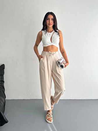 Kadın Yüksel Bel Beli Bağcıklı Rahat Boru Paça Pantalon - Kırık Beyaz