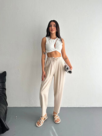 Kadın Yüksel Bel Beli Bağcıklı Rahat Boru Paça Pantalon - Kırık Beyaz