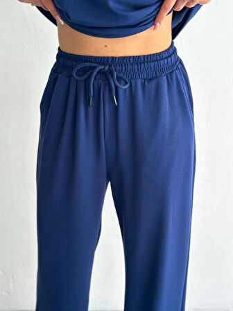 Osy Modal Yumuşak Dokulu Kumaş Kısa Kollu Yakalı T-shirt Pantalon ikili Takım- Lacivert