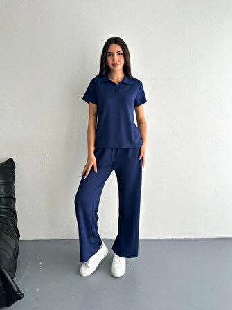 Osy Modal Yumuşak Dokulu Kumaş Kısa Kollu Yakalı T-shirt Pantalon ikili Takım- Lacivert