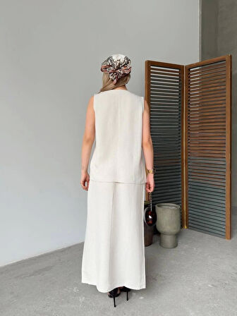 Keten Kolsuz Sıfır Yaka İlik Düğmeli Kolsuz Hırka Etek ikili Takım- Beyaz