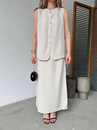 Keten Kolsuz Sıfır Yaka İlik Düğmeli Kolsuz Hırka Etek ikili Takım- Beyaz