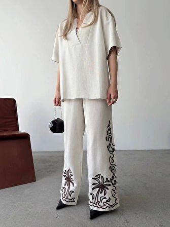 Keten Kısa kolu V Yaka Bluz Pantolon ikili Takım- Beyaz