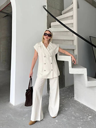 Keten Sıfır Kol Blezer Ceket Pantolon ikili Takım- Beyaz
