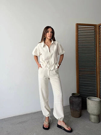 Keten Tam Fermuarlı Kısa kollu Gömlek Pantolon ikili Takım - Beyaz