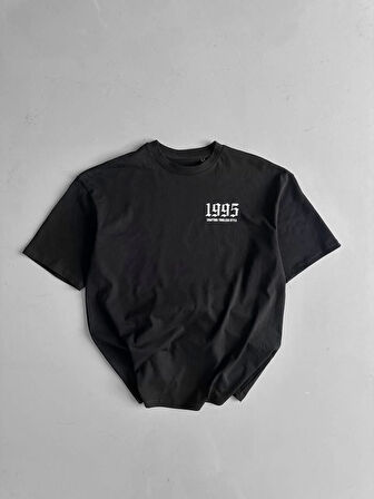 20/1 Penye Compack Baskılı Oversize Bisiklet Yaka Kısa Kol Yazlık T-shirt - Siyah