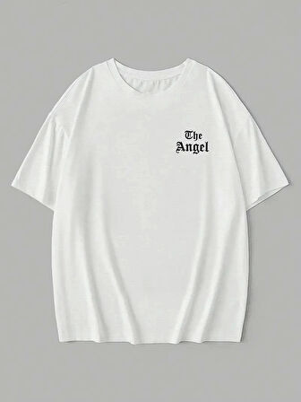 20/1 Penye Compack Dark Angel Baskılı Oversize Kısa Kol Yazlık T-shirt- Beyaz
