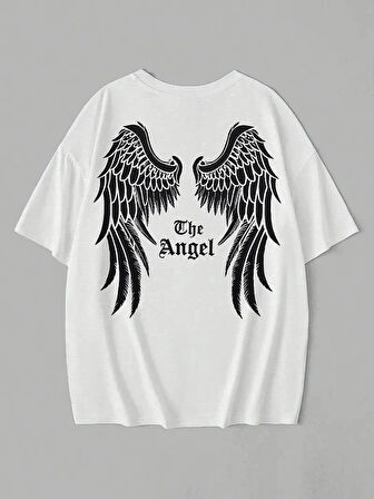 20/1 Penye Compack Dark Angel Baskılı Oversize Kısa Kol Yazlık T-shirt- Beyaz