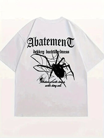 Örümcek Ağı Desenli Baskılı Oversize Bisiklet Yaka T-shirt  - Beyaz