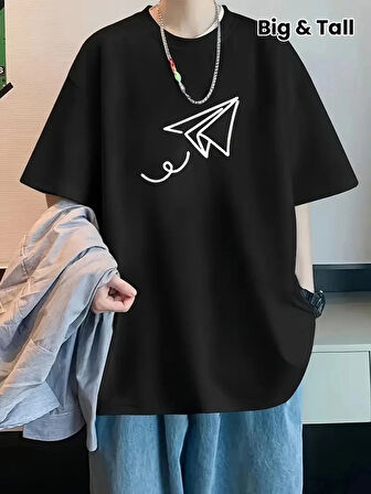 20/1 Penye Compack Uçak Baskılı Oversize Bisiklet Yaka Kısa Kol T-shirt - Siyah