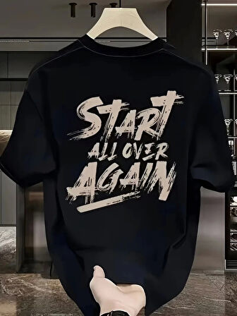 20/1 Penye Compack Start All Over Baskılı Oversize Bisiklet Yaka Kısa Kol T-shirt - Siyah