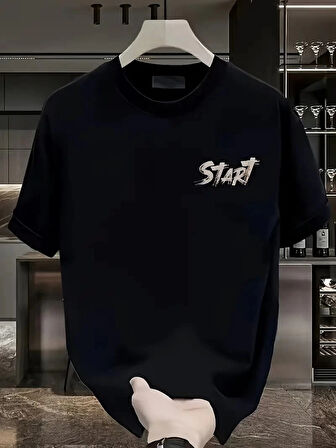20/1 Penye Compack Start All Over Baskılı Oversize Bisiklet Yaka Kısa Kol T-shirt - Siyah