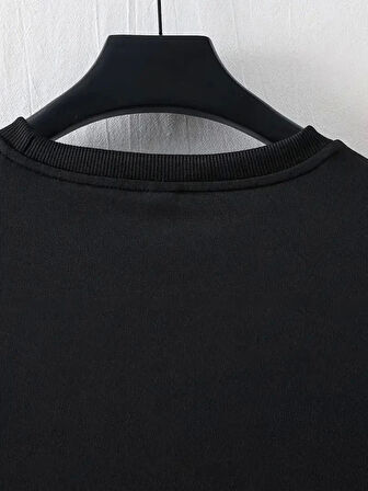 LB Ön Arka Baskılı Oversize Bisiklet Yaka Yazlık T-shirt - Siyah