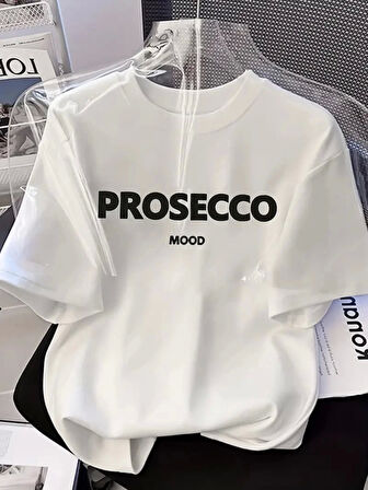 20/1 Penye Compack Baskılı Oversize Kısa Kol Bisiklet Yaka T-shirt - Beyaz